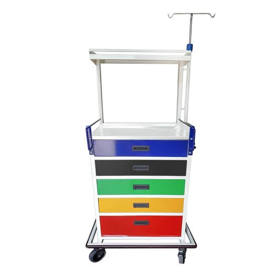 Color-Coded Emergency Crash Cart Trolley – 5-Drawer Medical Code Cart with IV Pole & Defibrillator Shelf