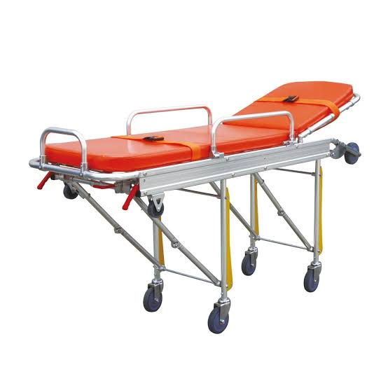 Heavy Duty Folding Emergency Stretcher Trolley – Adjustable Backrest, Orange | Shafqat Surgical Pakistan
