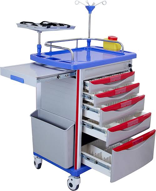 Deluxe Emergency Crash Cart Trolley – 5-Drawer Medical Resuscitation Cart with IV Pole, CPR Board & Lock System
