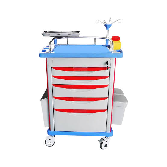 Deluxe Emergency Crash Cart Trolley – 5-Drawer Medical Resuscitation Cart with IV Pole, CPR Board & Lock System