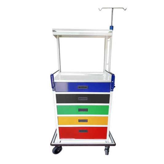 Color-Coded Emergency Crash Cart Trolley – 5-Drawer Medical Code Cart with IV Pole & Defibrillator Shelf