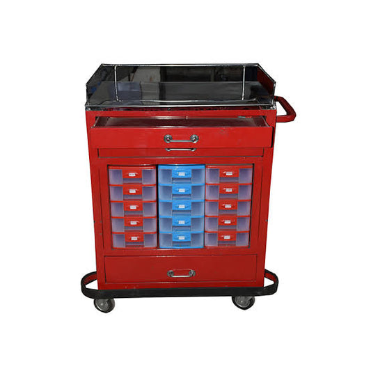Heavy-Duty Medicine Trolley – 3 Drawer Medical Cart with 30 Transparent Vial Boxes & Steel Top