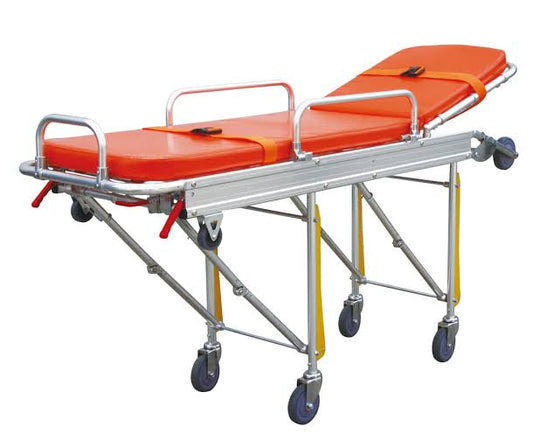 Heavy Duty Folding Emergency Stretcher Trolley – Adjustable Backrest, Orange | Shafqat Surgical Pakistan